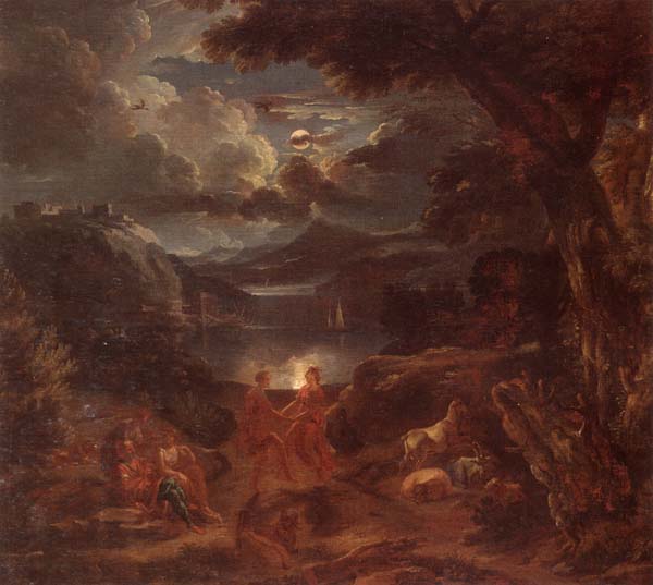 A pastoral scene with shepherds and nymphs dancing in the moonlight by the edge of a lake